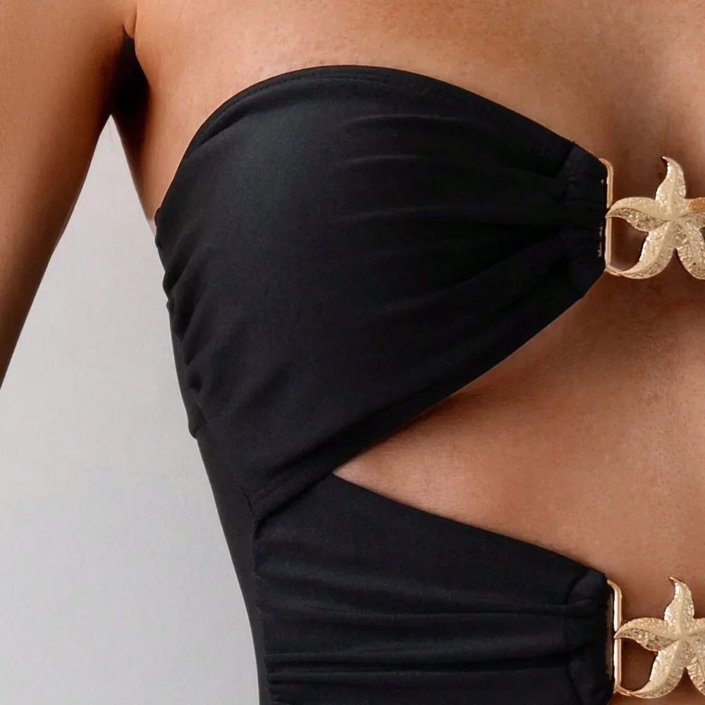 Black Elegant Women's Metal Decor Hollow Out swimsuit - Picture 3 of 5